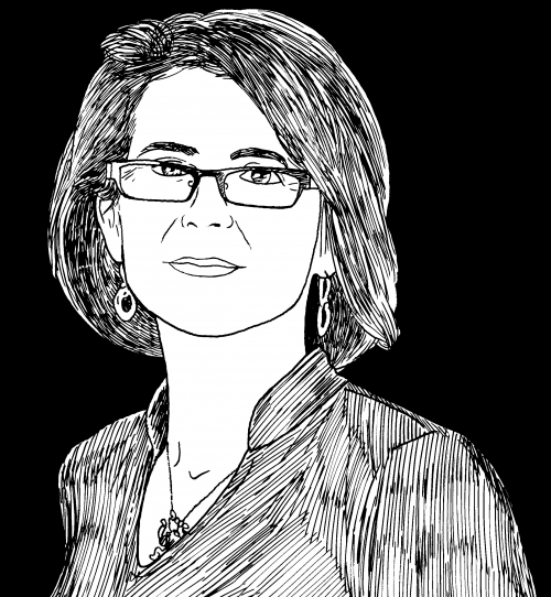 cartoon portrait of Andrea Packard ’85